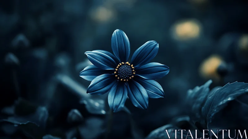 Deep blue daisy glows with golden center in moody night garden.