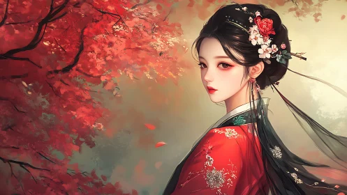 Crimson blossoms and serene gaze in an autumn dreamscape.