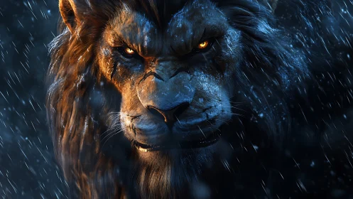 Storm-lit lion with ember eyes in a midnight blizzard.