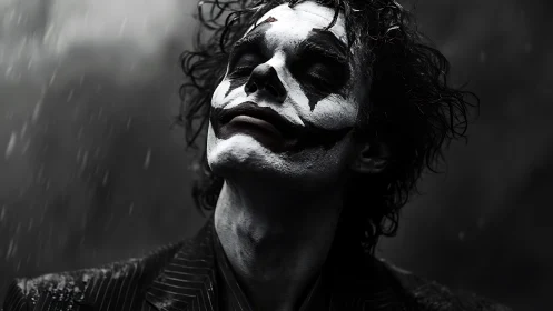 Storm-soaked clown tilts his head and welcomes the rain