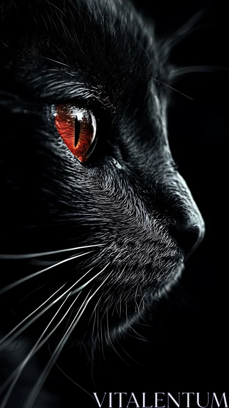 Black cat close up reveals dramatic crimson eye in shadow