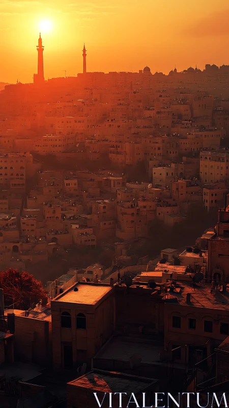 Dense hillside cityscape under volumetric orange sunset haze