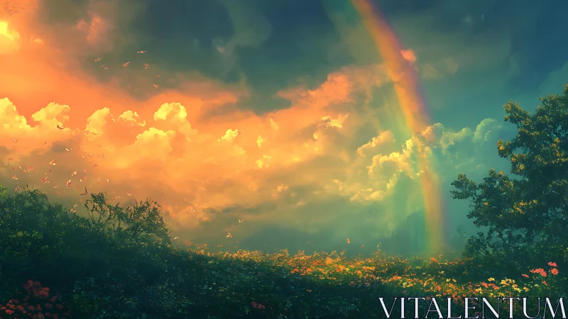 Luminous meadow under glowing clouds and vivid rainbow.