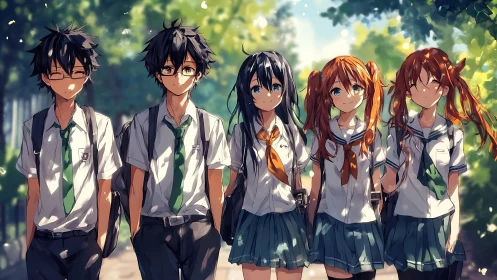 Group of anime students walking together after school.