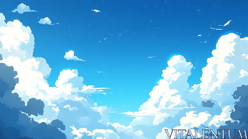 Expansive blue sky with layered cumulus cloud formations.