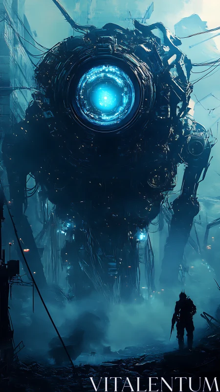 Colossal cyclopean war mech confronting lone armored figure
