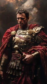 Roman commander in ornate lorica segmentata under storm-lit sky