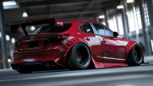 Low-slung red Mazda sedan with extreme widebody stance.