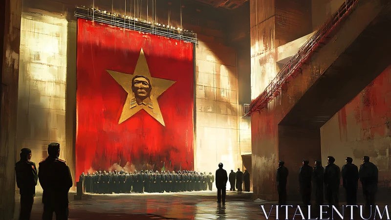 Totalitarian rally under colossal red propaganda banner.