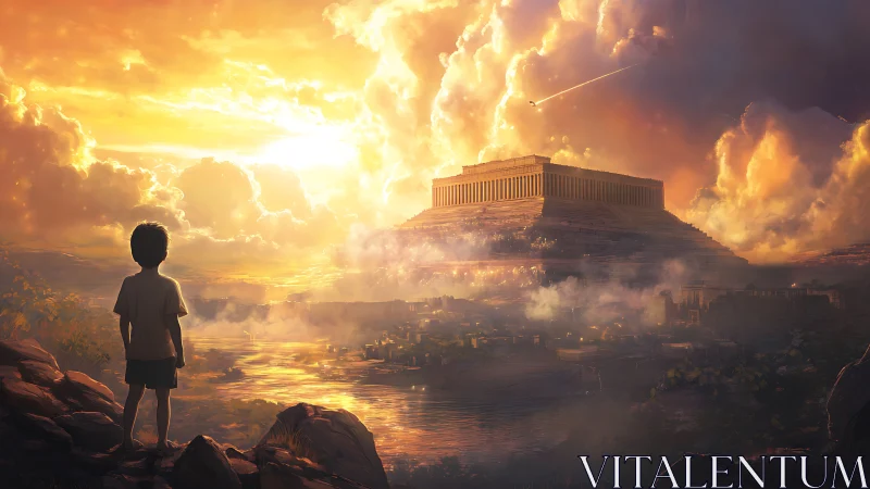 Child observing monumental stepped temple at luminous sunset