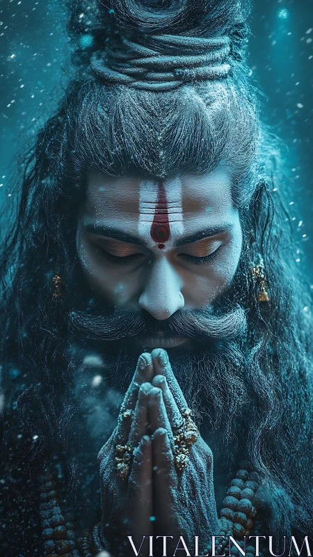 Cryogenic ascetic portrait with particulate snow illumination.