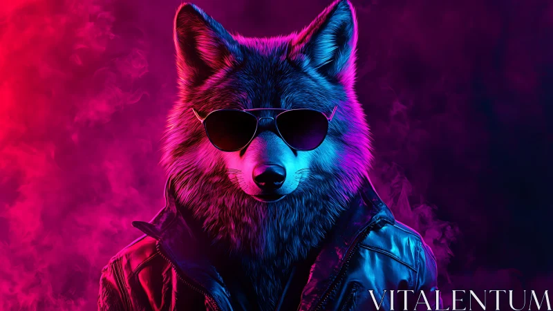 Neon cyberpunk wolf wears aviators and leather jacket.