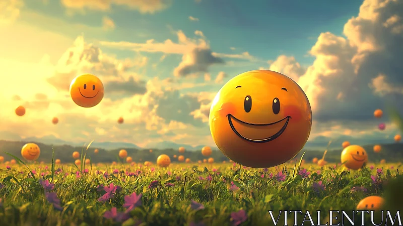 Sunlit meadow of smiling spheres in golden hour bloom.