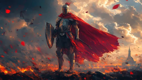 Armored crusader with red war cloak in burning battlefield
