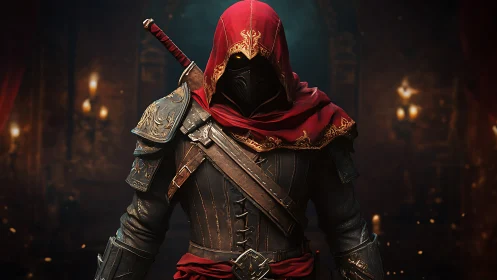 Hooded crimson assassin in ornate leather armor at dusk.