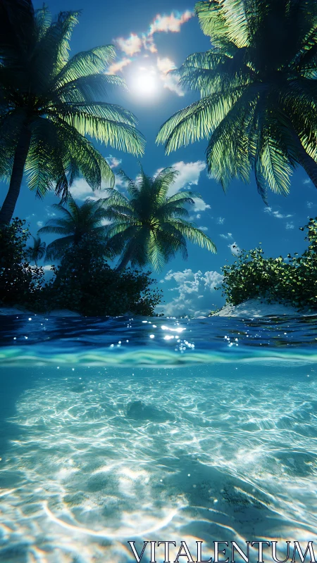 Tropical shoreline cross-section with palm trees and sunlight.