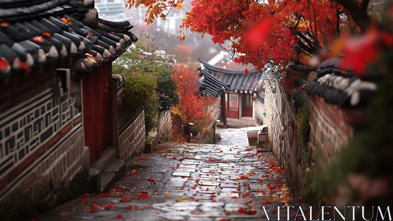 Autumn rain glazes a quiet Korean alley of tiled eaves.