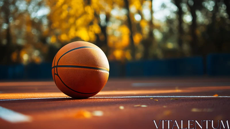 Basketball rests on outdoor court surface in warm evening light