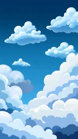 Billowy cartoon clouds drift gently across a clear blue sky