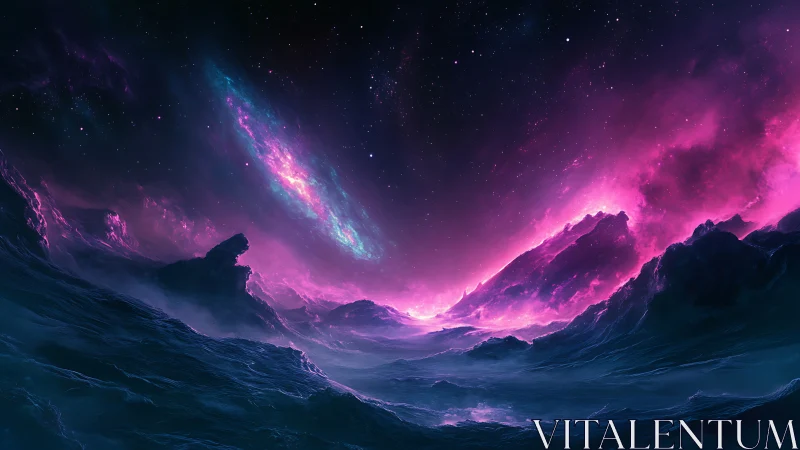 Cosmic ocean under neon nebula sky on alien world.