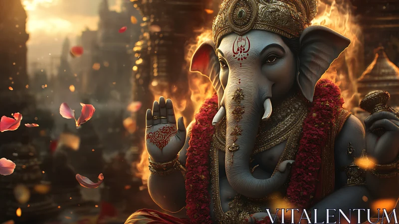 Elephant-headed deity statue in ornate temple setting.