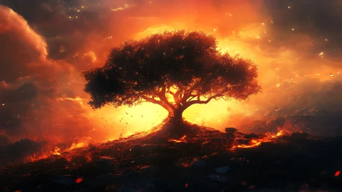 Ancient Tree Silhouette Against Fiery Apocalyptic Sky.