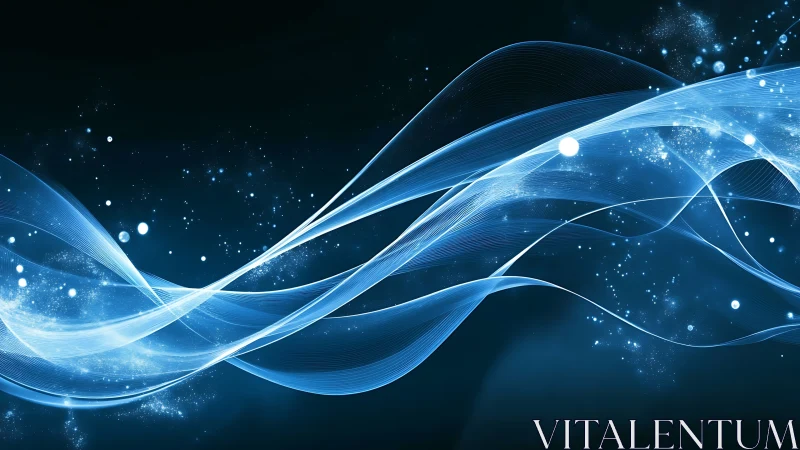 Flowing blue light waves drifting through a starry night.