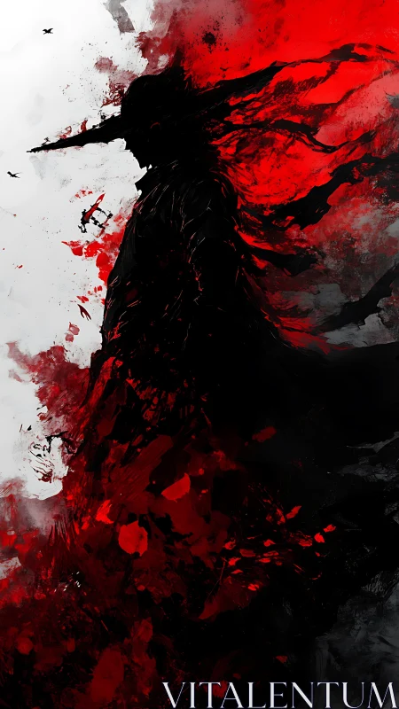 Silhouetted warrior dissolves into violent red brushstorm