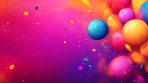 Chromatic spherical clusters drift across neon gradient space