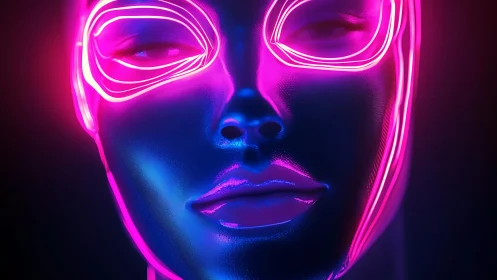 Neon cybernetic face under glowing magenta circuit mask.