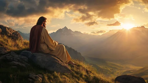 Robe-clad figure sits on rocky hillside observing mountain sunrise