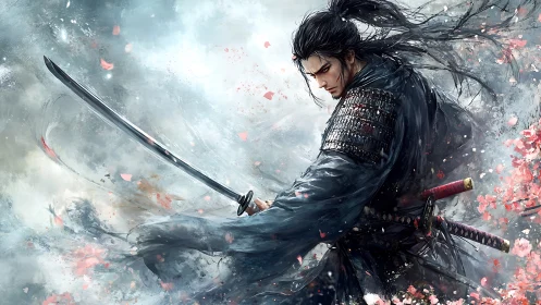 Stormlit samurai poised in petals and steel-shot wind.
