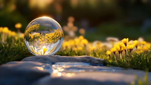 Optical caustics in crystal sphere amid sunlit yellow flora.
