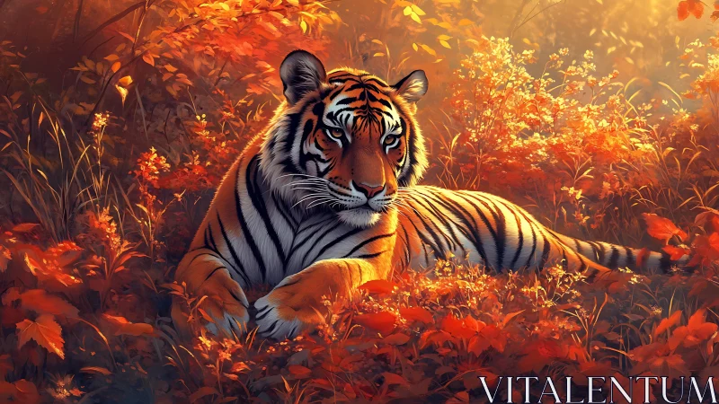 Tiger lounges like quiet fire amid autumn ember leaves