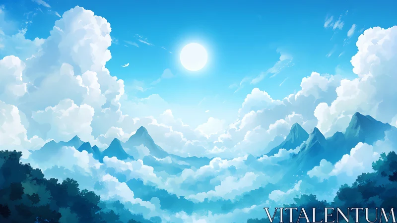 Skyward cloud seas cradle distant sapphire mountains.