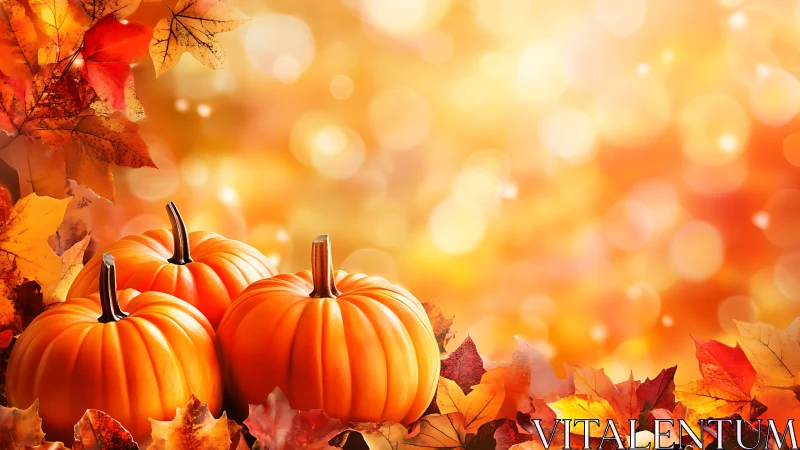 Autumn harvest still life with pumpkins and bokeh backdrop.