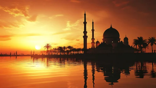 Mosque and palm silhouettes reflect across a radiant sunset lake