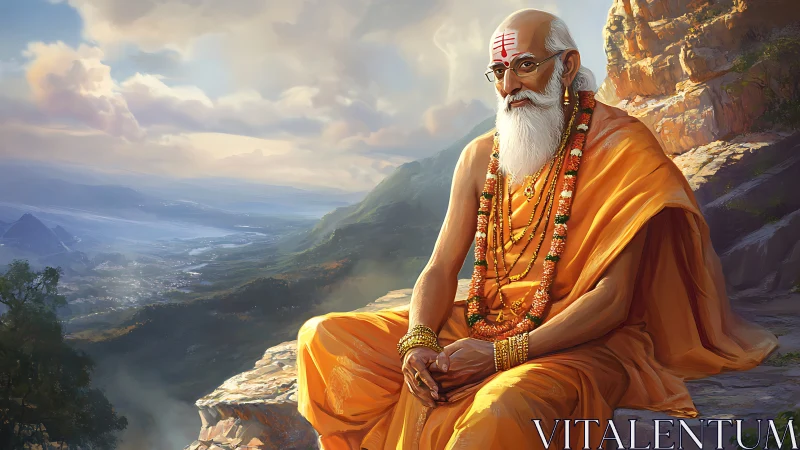 Himalayan sage in saffron robes amid volumetric sunrise clouds.