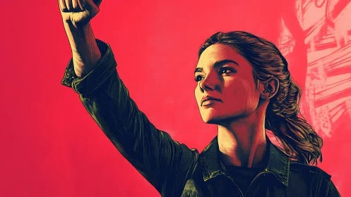 Confident Woman Raising Fist in Bold Pop Art Illustration.