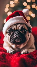 Festive pug rests on red blanket in a cozy holiday glow