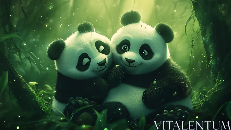 Two stylized panda cubs sit closely together in green forest