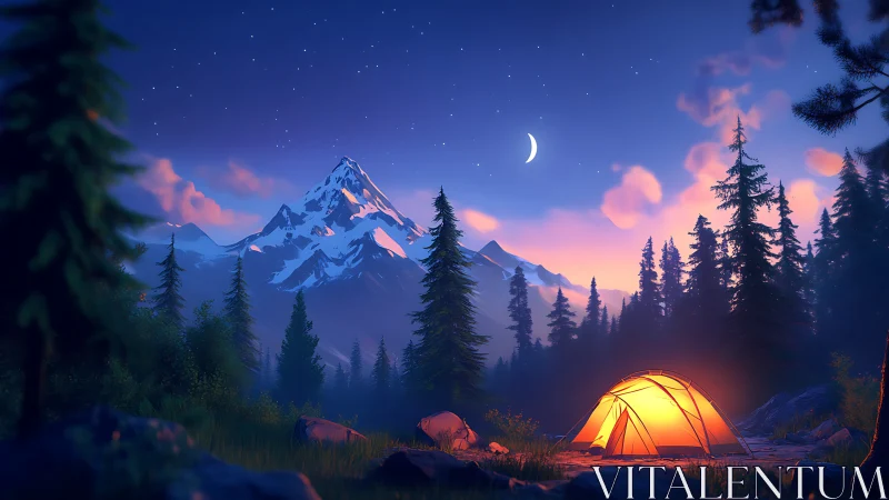 Mountain campsite scene shows lit tent under crescent moon