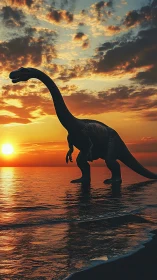 Gentle dinosaur strolling through a glowing seaside sunset.