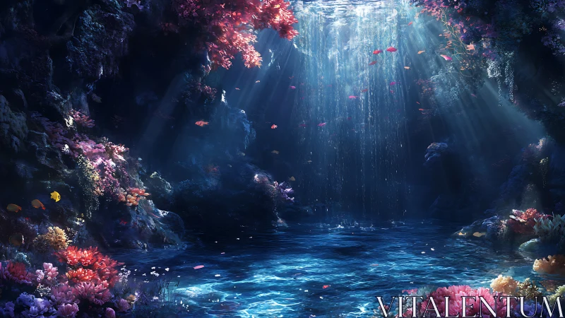 Secret coral cathedral beneath falling ribbons of light.