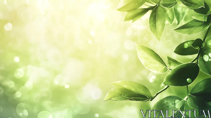 Sunlit green leaves glow against soft bokeh background.