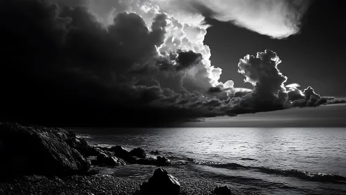 High-contrast shoreline storm cloudscape with dramatic tonal range