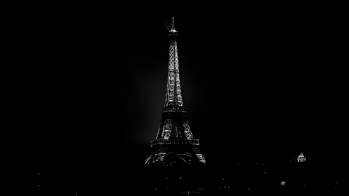 Eiffel Tower glows in dramatic black and white night sky.