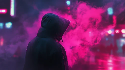 Hooded figure in neon vapor walks through a cyberpunk night.