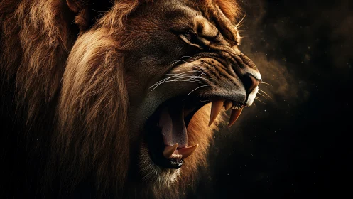 Roaring lion portrait in dramatic low key side lighting.