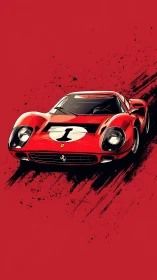 Red vintage race car illustration on dynamic scarlet field.